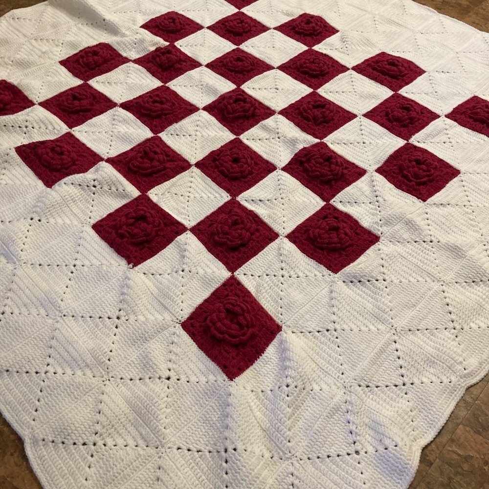 Handmade Crochet Blanket‎ White Red Flowers Square 64 x 64